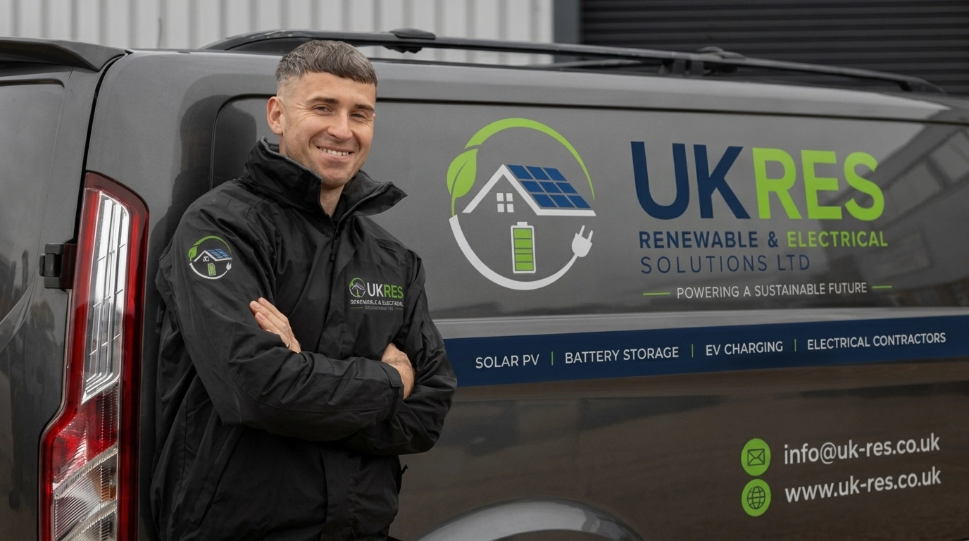 UKRES electrician beside a branded company vehicle